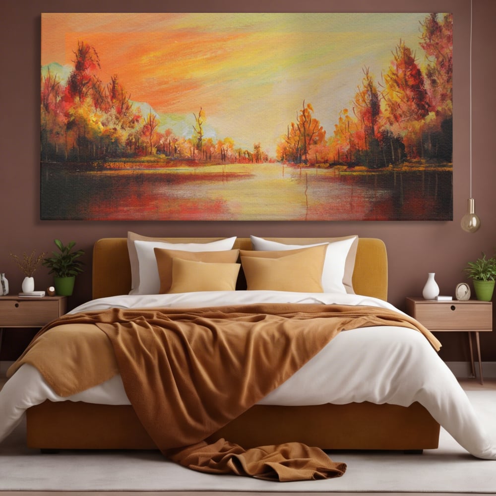 Tablou canvas cu pictura cu peisaj de toamna si lac, fara rama, pe sasiu de lemn, pe perete intr-un dormitor
